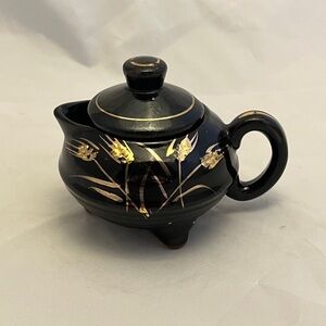 Small Redware Creamer 3-Foot Lidded, Black with Gold Detail Wheat, Vintage EUC